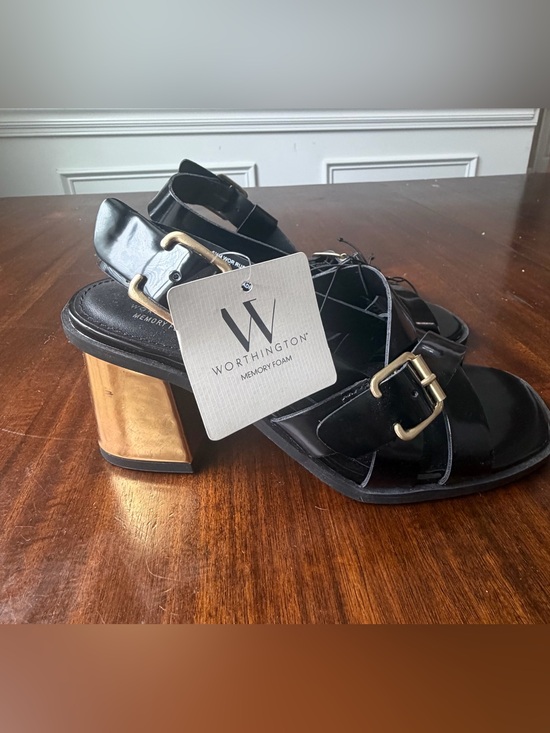 Worthington Shoes - Worthington Rusk Black Sandals Women’s 6.5 Gold Block Heel Buckle NWT